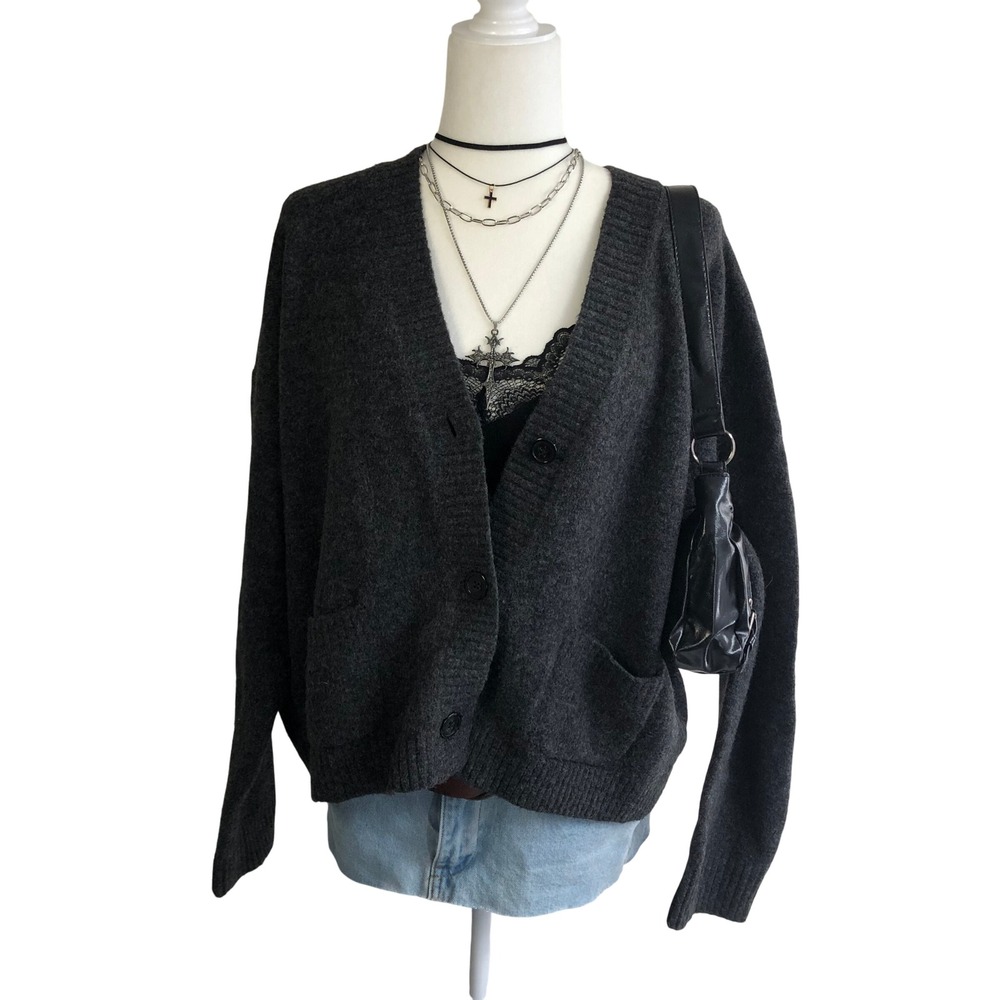 Uniqlo Souffle Yarn Wool Blend Cardigan Sweater Womens L Dark Gray Knit V Neck